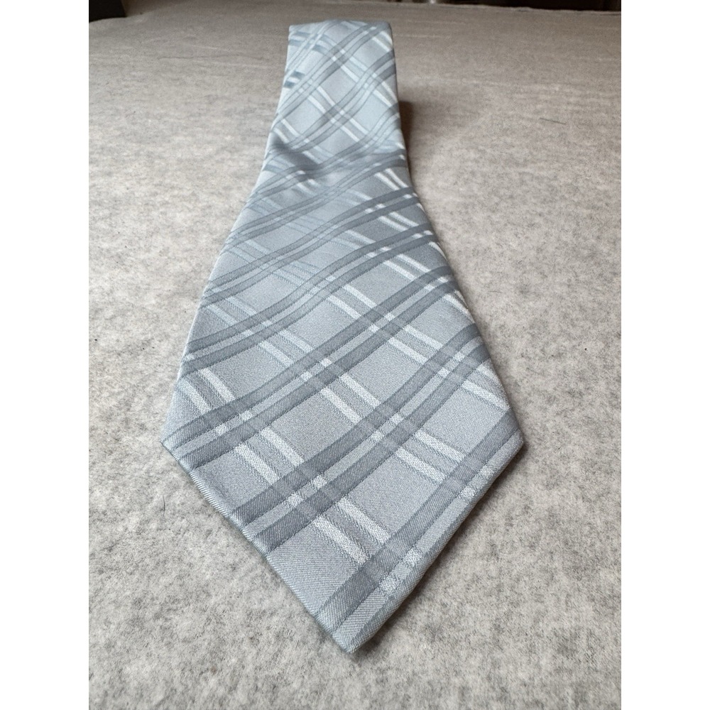 Fruit of the Loom Vintage Mens Plaid Tie Light Blue Grey Custom Tailored 4 Inch